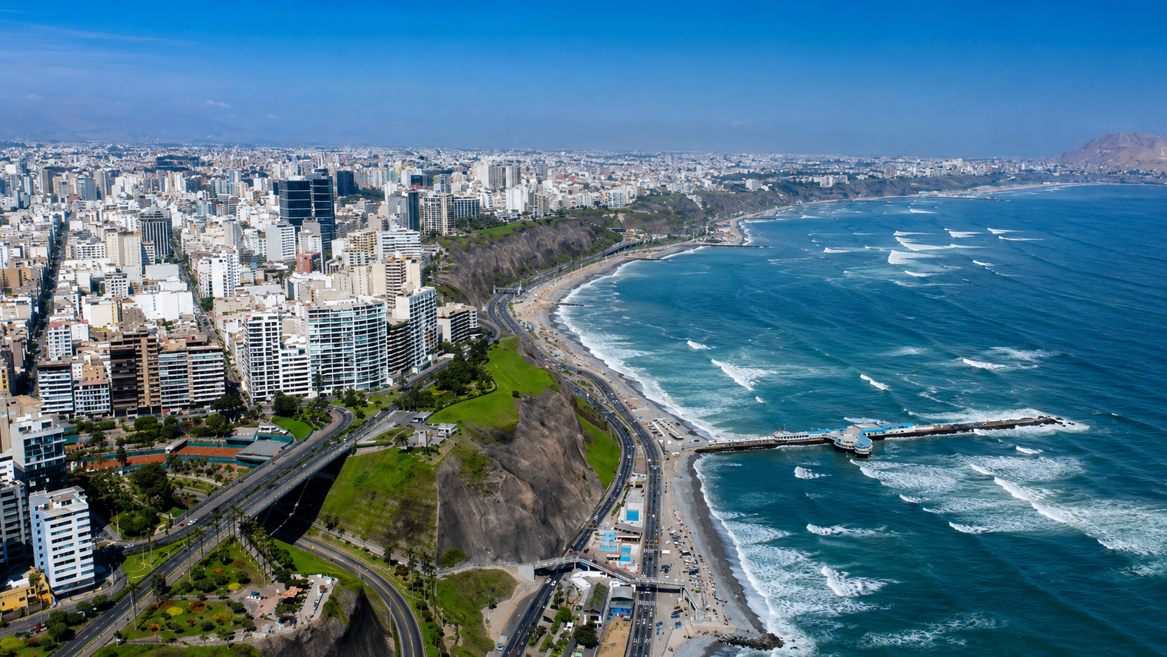 Vista aérea estilizada de Lima con un pin destacado sobre la planta OHB en Lurín, conectando con clínicas y hospitales de la ciudad. Estética industrial-médica, paleta petróleo y blanco.