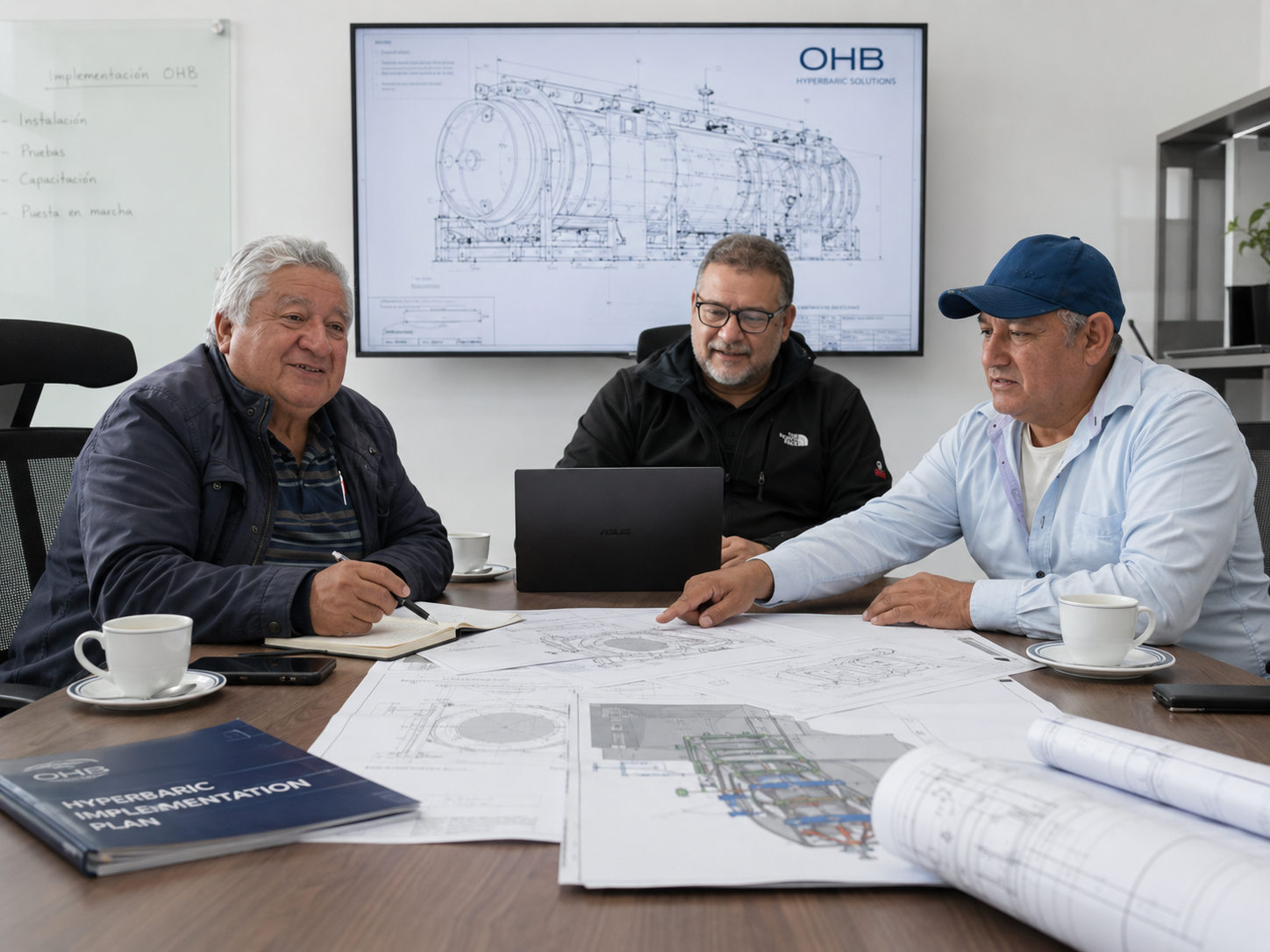 Equipo médico revisando proyecto de unidad hiperbárica